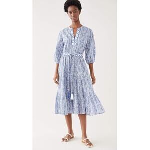 Shoshanna Sunset Midi Belted Tassel Tiered Blue and White Dress Size Small